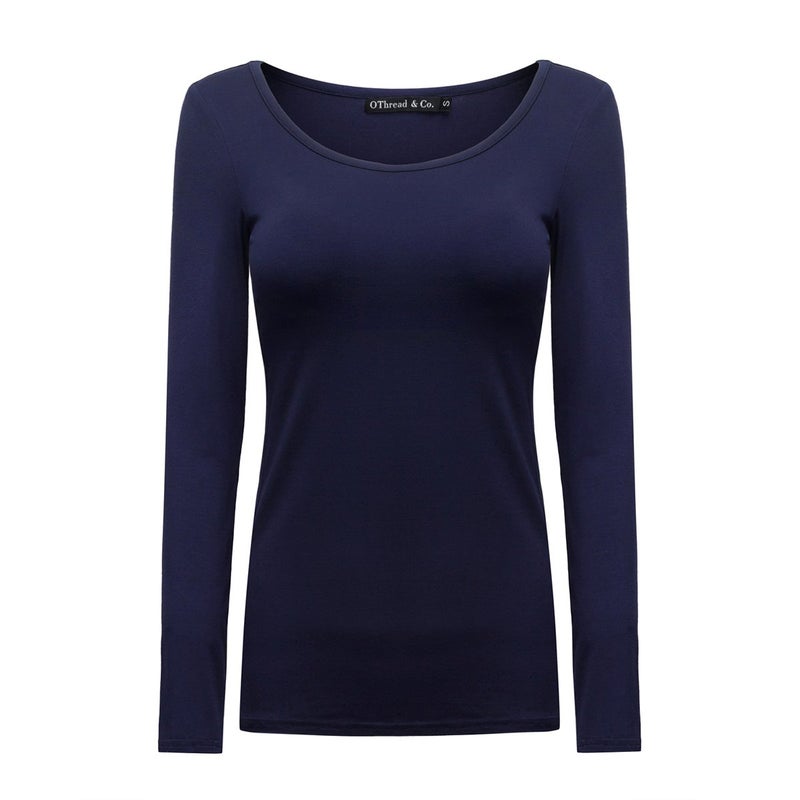 OThread & Co. Women's Long Sleeve T-Shirt Scoop Neck Basic Layer Stretchy Shirts (Medium, Navy) - Image 1
